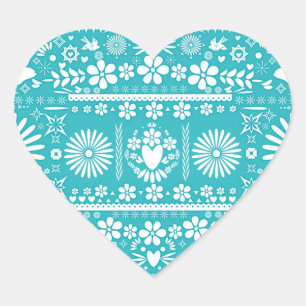 Sticker Cœur Mariage Découpe Picado Mexicaine Turquoise Bleu Ca