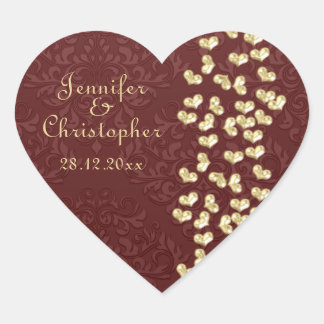Sticker Cœur Mariage élégant Coeurs d'amour d'or et damas rouge