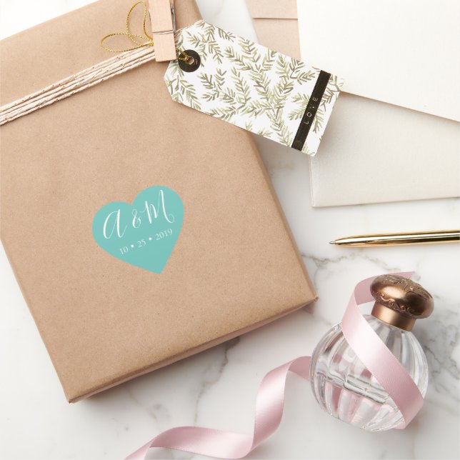 Sticker Cœur mariage élégant monogramme turquoise (Cadeaux)