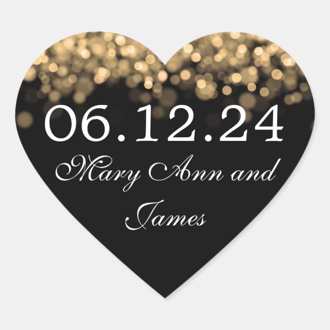 Sticker Cœur Mariage Enregistrer La Date Gold Lumières (Devant)