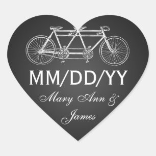 Sticker Cœur Mariage Enregistrer La Date Tandem Vélo Noir