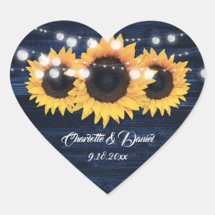Sticker Cœur Mariage Floral Rustique Tournesol Bleu Marine