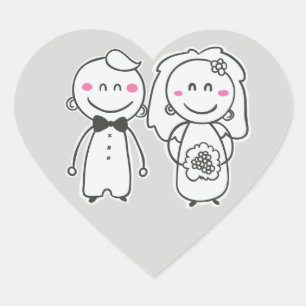 Sticker Cœur Mariage gris et rose, mariée et mariée en caricatu