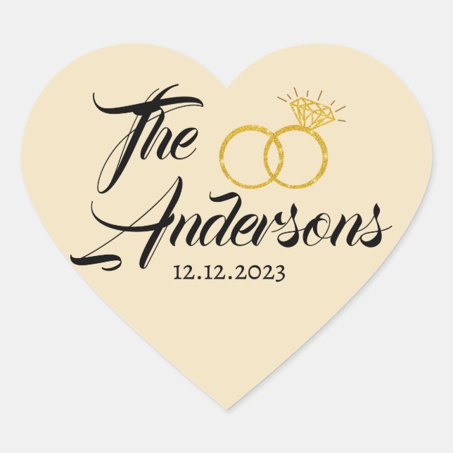 Sticker Cœur Mariage moderne Couple Anneau Faveur Nom Date Gold (Devant)