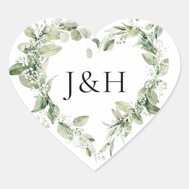 Sticker Cœur Mariage Monogramme Fleurs Blanches Luxuriantes et  (Devant)