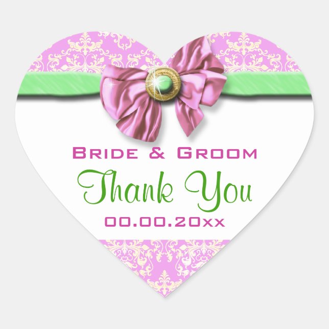 Sticker Cœur Mariage rose blanc vert merci (Devant)