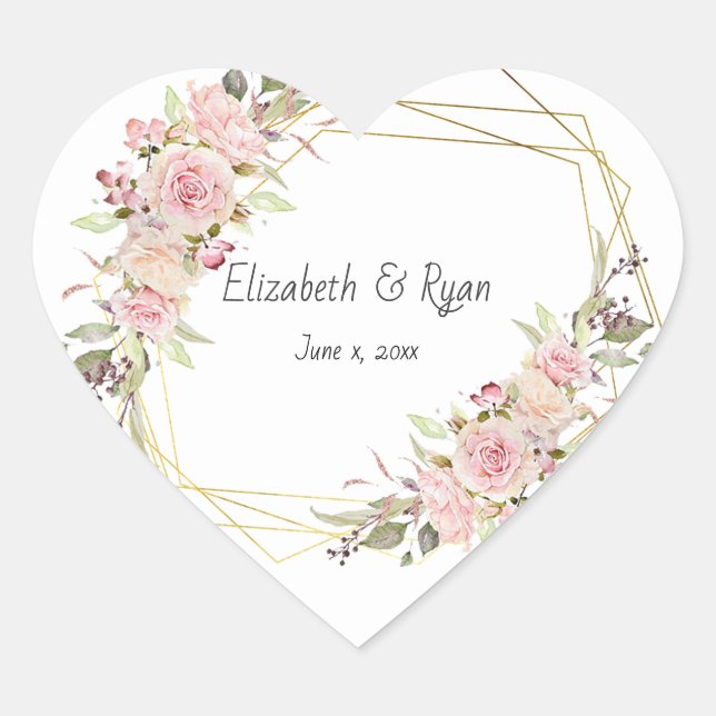 Sticker Cœur Mariage Roses Roses Pink Or Géométrique Personnali (Devant)