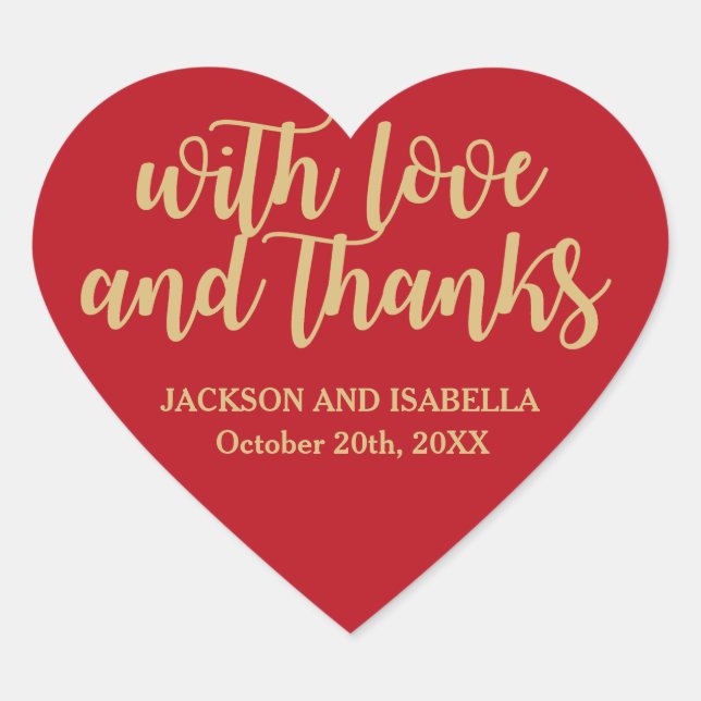 Sticker Coeur Mariage Rouge personnalisé, Texte Or (Devant)
