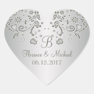 Sticker Coeur Mariage tourbillons floraux argenté