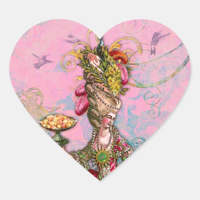 Sticker Cœur Marie Antoinette Rose chaud & Peacock (Devant)