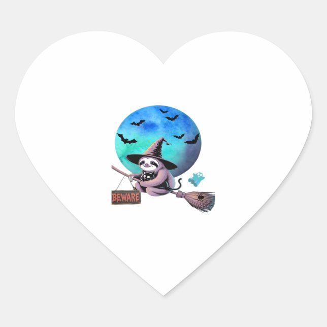 Sticker Cœur Méfiez-vous joli sorcier Sloth volant sur Broom Ha (Devant)