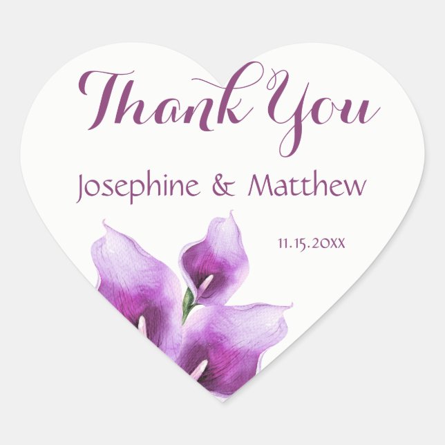 Sticker Cœur Merci de Mariage d'aquarelle violet Calla Lily (Devant)