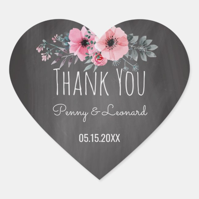 Sticker Cœur Merci Floral | Mariage Favor Chalkboard (Devant)