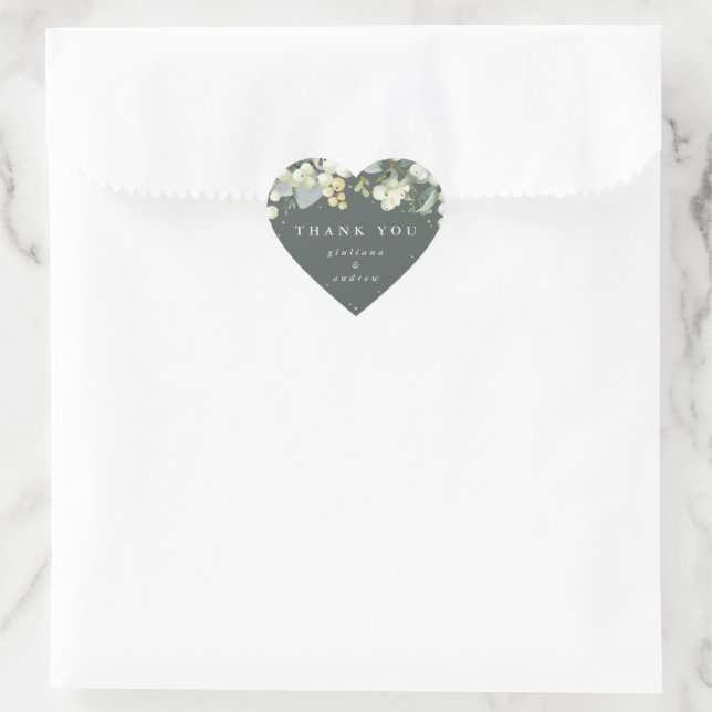 Sticker Cœur Merci Mariage de la baie de neige verte+Eucalyptus (Sac)