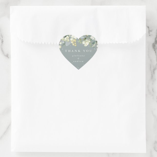 Sticker Cœur Merci Mariage de la baie de neige verte+Eucalyptus (Sac)