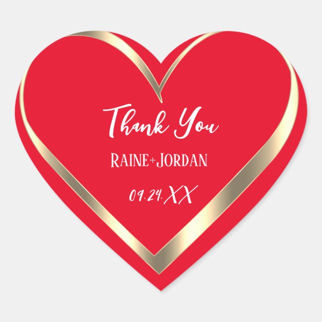 Sticker Cœur Merci Mariage Favor Red Golden Heart (Devant)