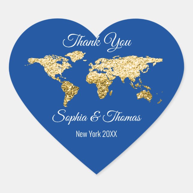 Sticker Cœur Merci Mariage Golden World Destination Carte Royal (Devant)