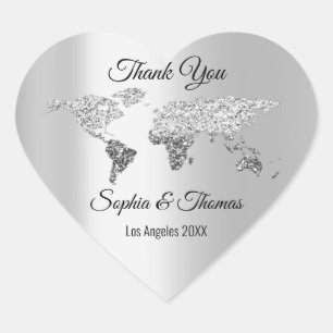 Sticker Cœur Merci Mariage World Map Destination Grey Heart