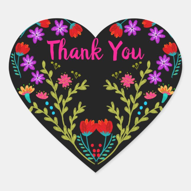 Sticker Cœur Merci mexicain Fleurs Fiesta Quinceanera Noir (Devant)