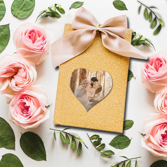 Sticker Cœur Merci photo mariage (Small 1-1/2" heart-shaped photo sticker.)