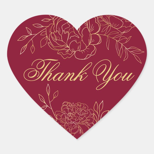 Sticker Cœur Merci Script Bourgogne Rouge Or Fleurs en Outline (Devant)