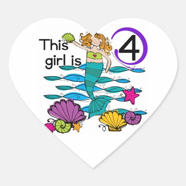 Sticker Cœur Mermaid 4th Birthday Tshirts and Gifts (Devant)