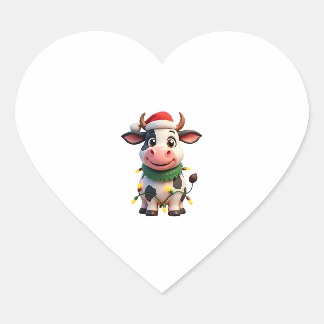Sticker Cœur Merry Christmas Cow Santa Christmas Lights Cow Xma (Devant)