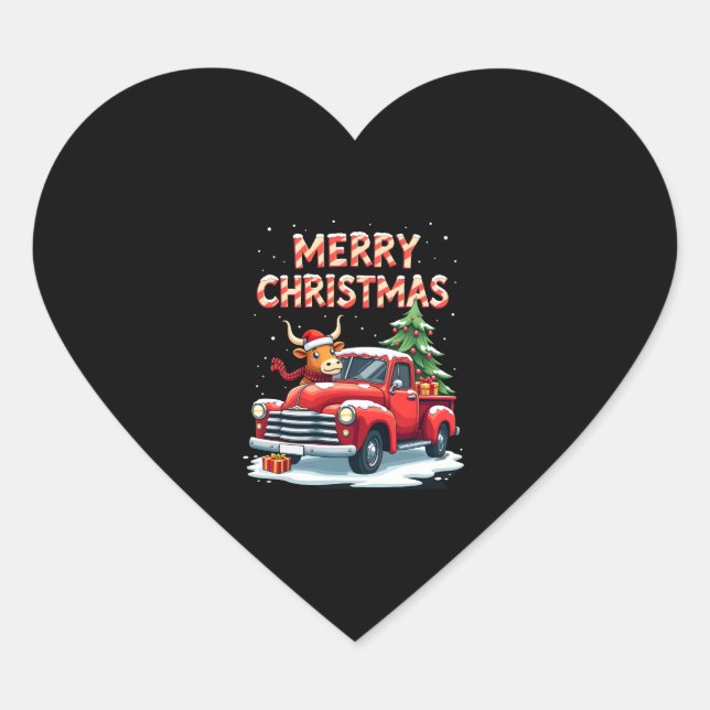 Sticker Cœur Merry Christmas Scottish Highland Cow Xmas Farm An (Devant)