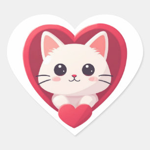 Sticker Cœur Mignon Chat Blanc avec Design Kawaii Kitty Love