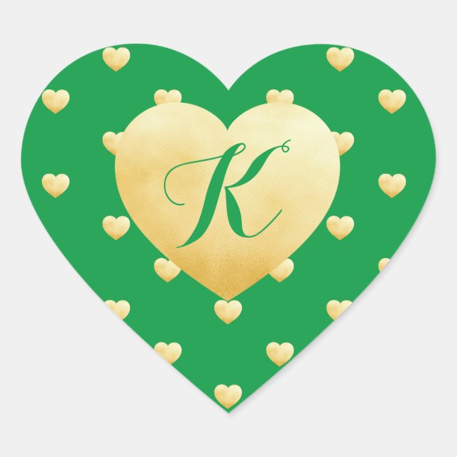 Sticker Cœur Monogram Gold Hearts Faux Foil Motif sur Green (Devant)