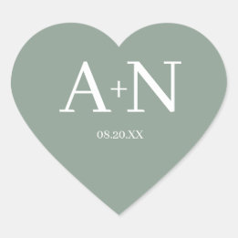 Sticker Cœur Monogramme de mariage minimaliste blanc vert sauge