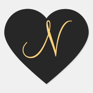Sticker Cœur Monogramme N, N initial de couleur or sur le noir,