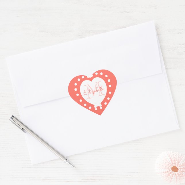 Sticker Cœur Monogramme personnalisé Corail Coeur blanc (Enveloppe)