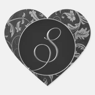 Sticker Cœur Monogramme S Silver et Black Mariage damassé Seal