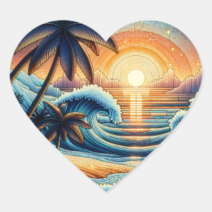Sticker Cœur Mosaic Ai Art   Coucher de soleil et palmiers océa