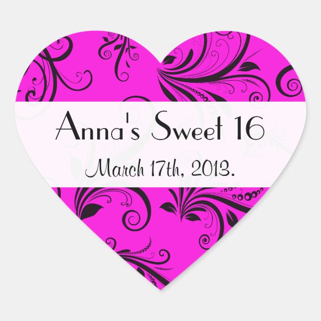 Sticker Cœur Motif Damas, Damas rose, Doux 16, Anniversaire (Devant)