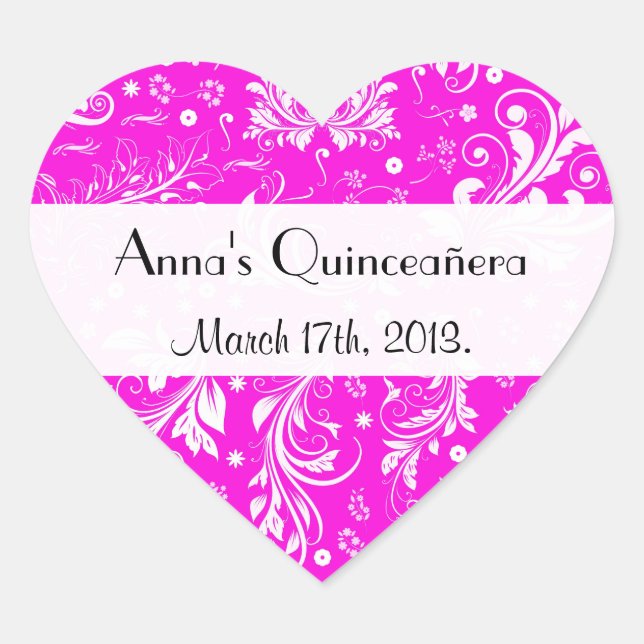 Sticker Cœur Motif Damas, Damas rose, Quinceanera (Devant)