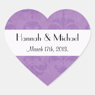 Sticker Cœur Motif damas, Damas violet, Mariage