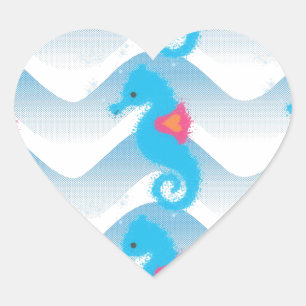 Sticker Cœur Motif Des Chevaux De Mer Et Des Vagues Bleues