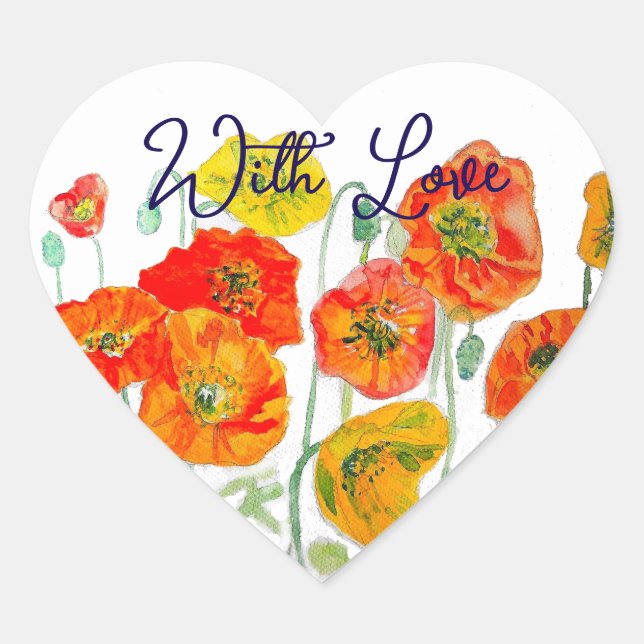 Sticker Cœur Motif Fleur Rouge Orange Avec Amour (Devant)