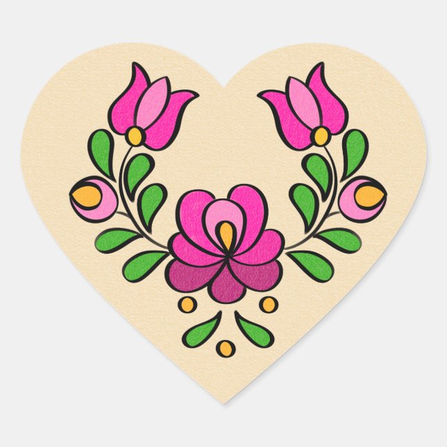 Sticker Cœur Motif hongrois de broderie, "Matyó" - rose (Devant)