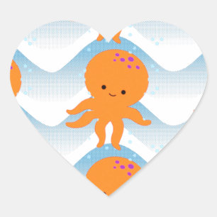 Sticker Cœur Motif Octopus Orange Et Vagues Bleues