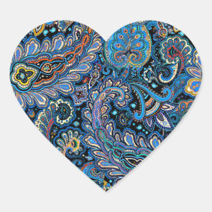 Sticker Cœur Motif Paisley Vibrant en Bleu sur Fond Noir