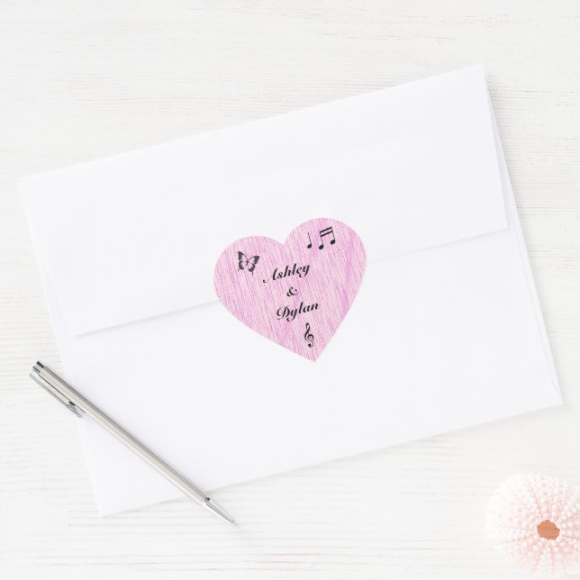 Sticker Cœur Musique Feuille papillon rose violet Mariage bois (Enveloppe)