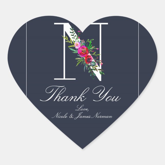 Sticker Cœur N Monogramme Dernier initial bleu Floral Mariage (Devant)