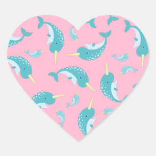 Sticker Cœur Narwhal Baby shower rose fille baleine