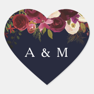 Sticker Cœur Navy & Burgundy Floral Boho Nom du Mariage faveur