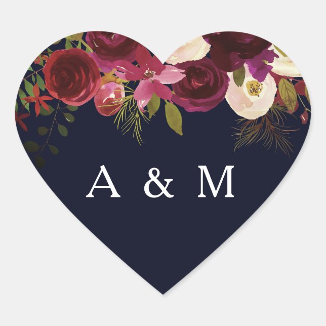 Sticker Cœur Navy & Burgundy Floral Boho Nom du Mariage faveur (Devant)
