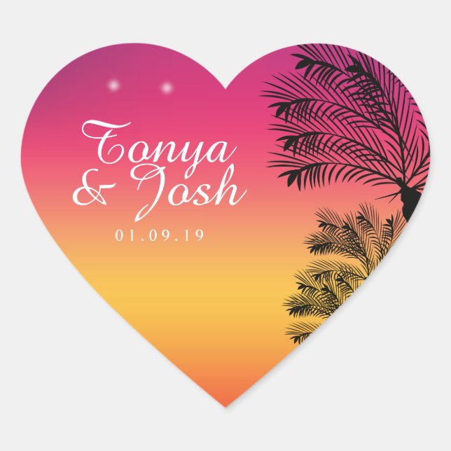 Sticker Cœur Neon Pink Ombre Tropical Tree Sunset Beach (Devant)