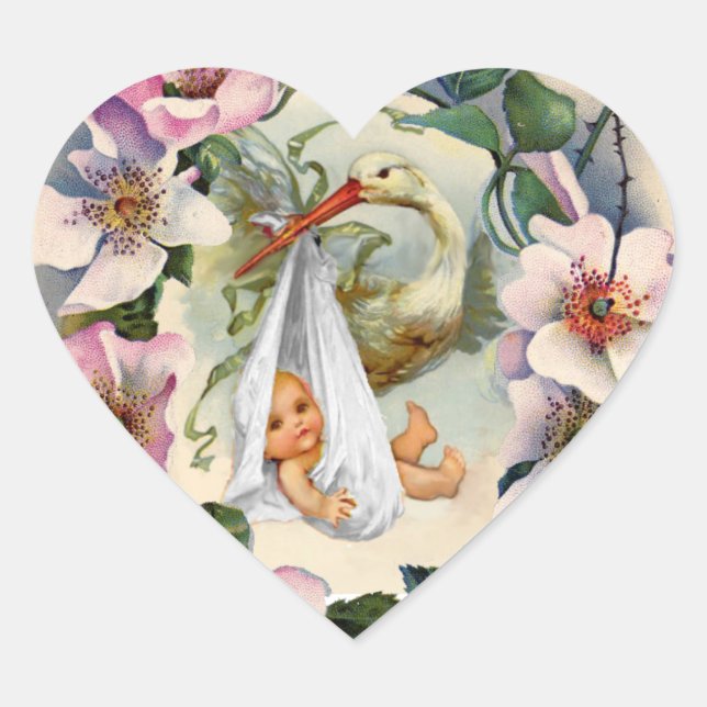 STICKER CŒUR NEUTRAL STORK BABY SHOWER ROSE ROSE SAUVAGE COURON (Devant)